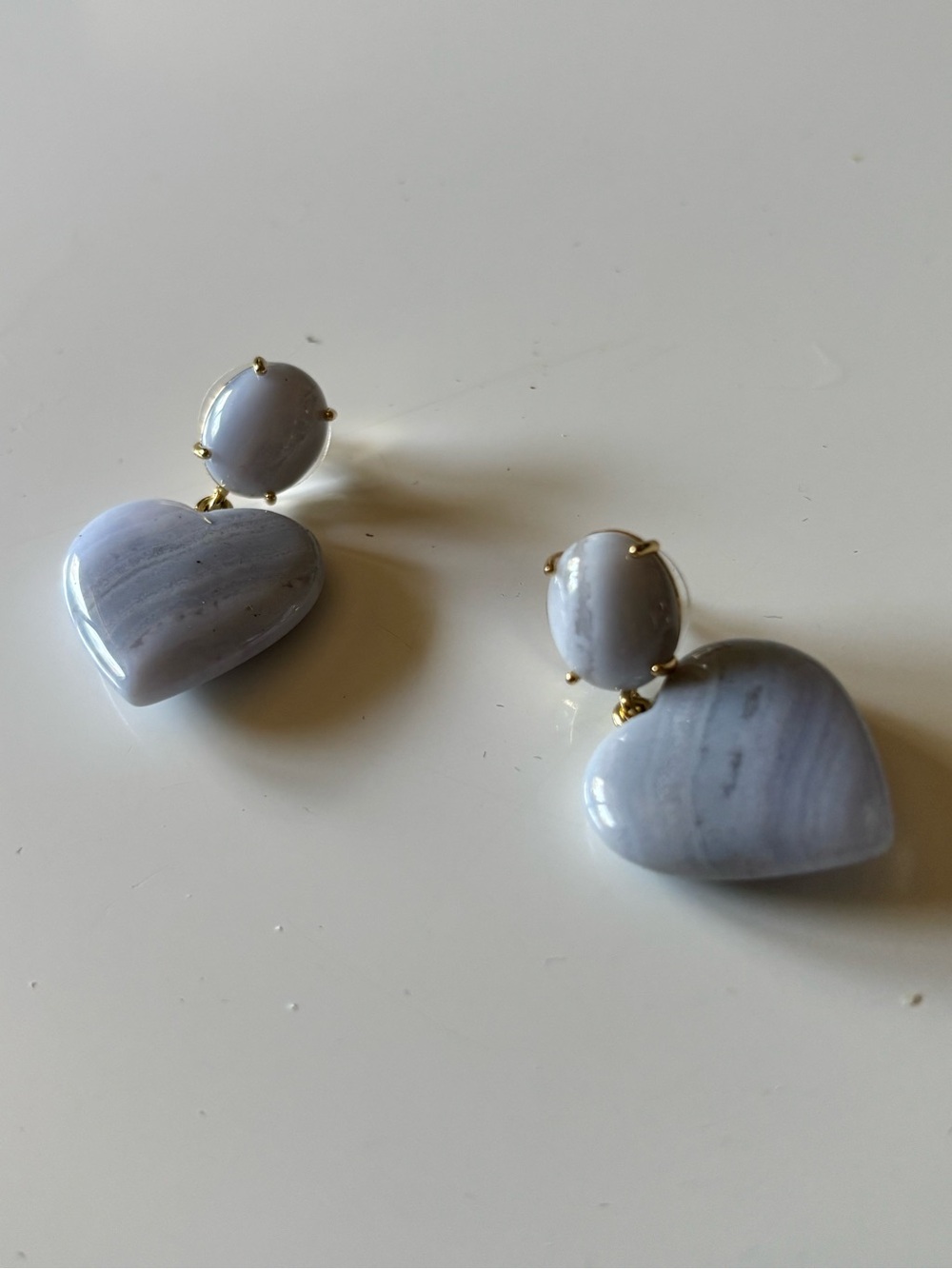 BaubleBar Semi-Precious Juno Blue Lace Agate Heart Drop Earrings Gold Tone